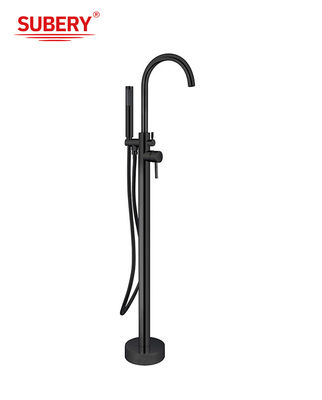 Matt Black Brass Freestanding Bathtub Faucets With Diverter Single Lever Floor Mounted