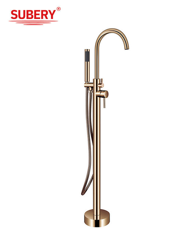 OEM Single Lever Free Standing Tub Faucet Floor Mount With Diverter Rose Golden Brass
