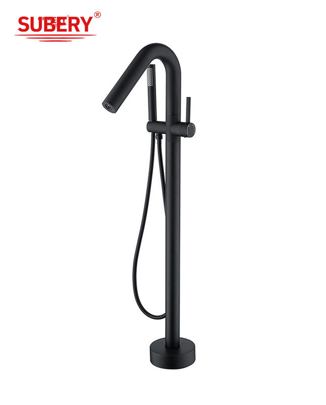 Single Lever Floor Mounted Freestanding Bathtub Faucets With Diverter Matt Black Brass OEM