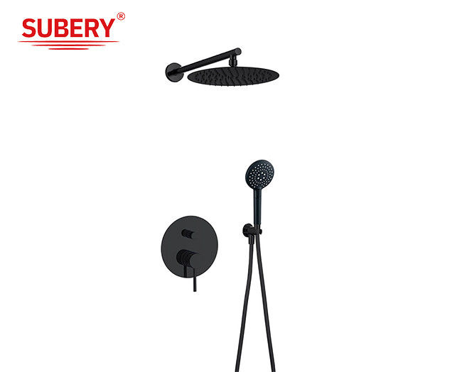 Brass Annular Knurl Handle Rain Shower Head And Faucet Concealed In Wall Matt Black