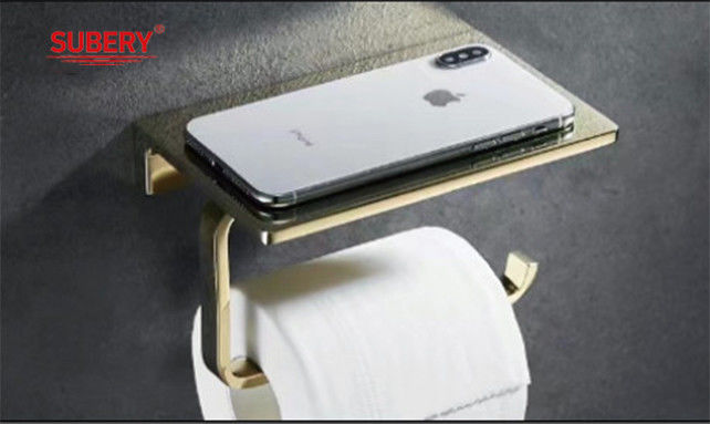 Wall Mounted Zinc Toilet Paper Holder Tissue Holder Roll Paper Holder Golden Color With Mobile Phone Shelf